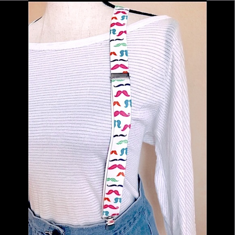 White Suspenders w/ Multicolored Neon Mustache Pattern: Stretchy, Adjustable